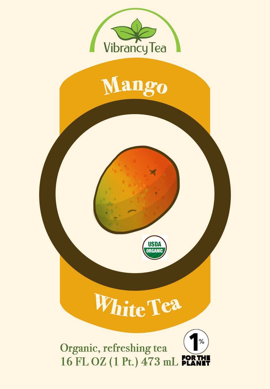 Alternative logo for a fake company called Vibrancy Tea Lab. It is mango flavored.